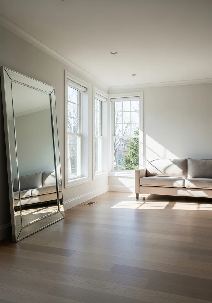 Large mirror reflecting light in a bright living room