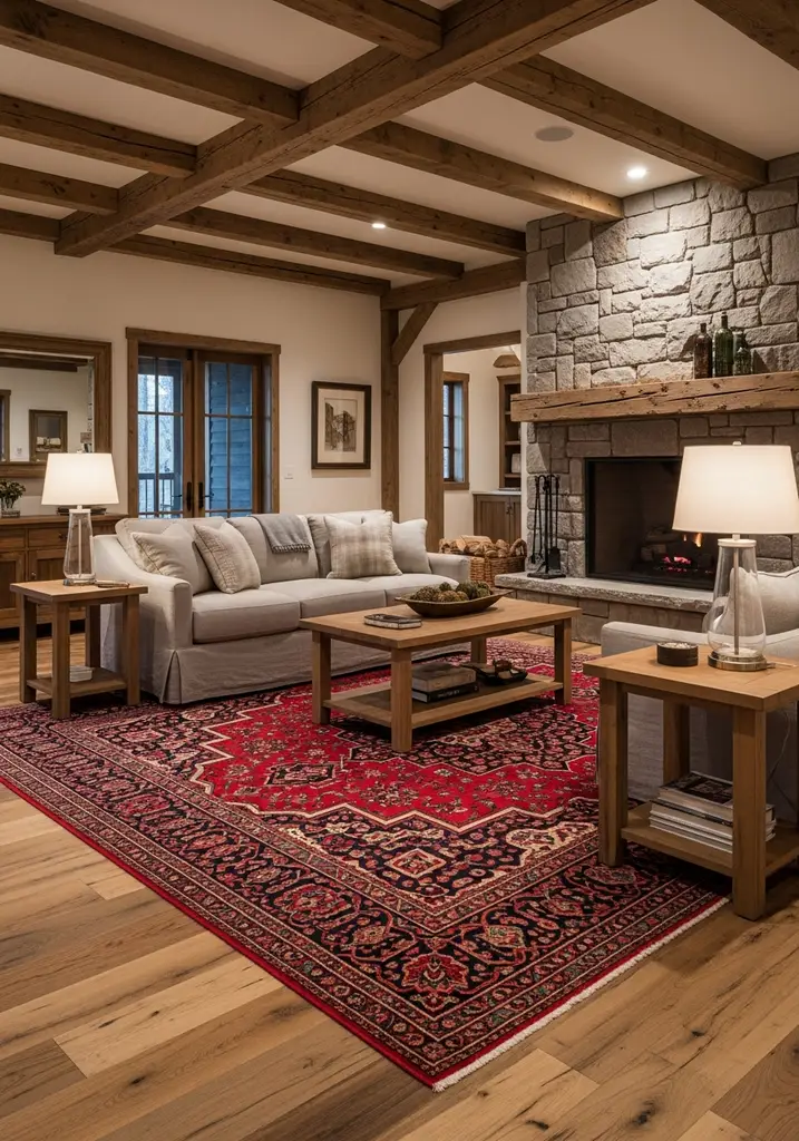 Rustic living room with red Persian rug, linen sofa, and stone fireplace.