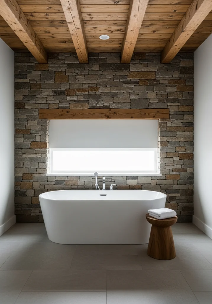 Rustic bathroom with wood beams and stone wall