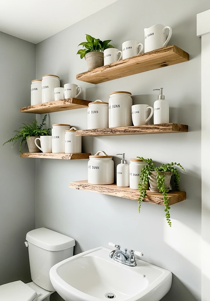 Rustic natural wood floating shelves with Rae Dunn style ceramics and plants