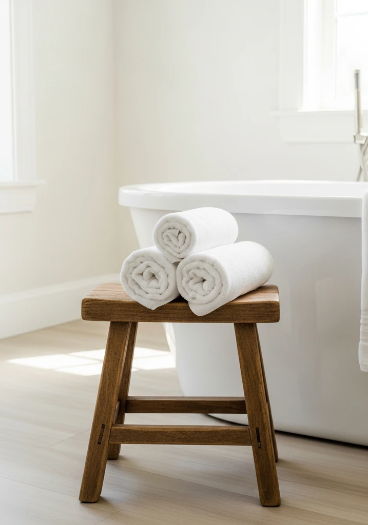 Rustic wooden stool with towels next to bathtub