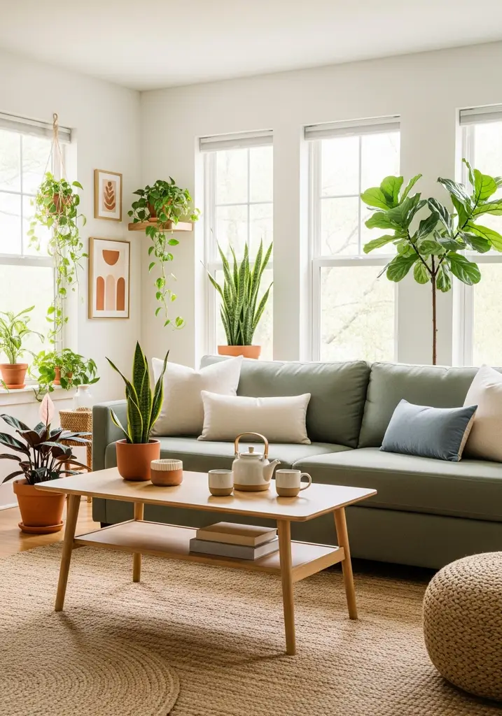 Sage green linen sofa in a peaceful living room with natural elements