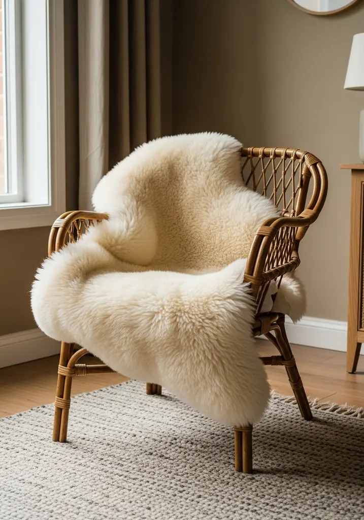 Creamy beige sheepskin throw on rattan chair