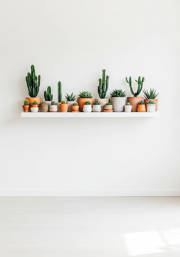 Floating shelf with a collection of succulents and cacti in small varied pots