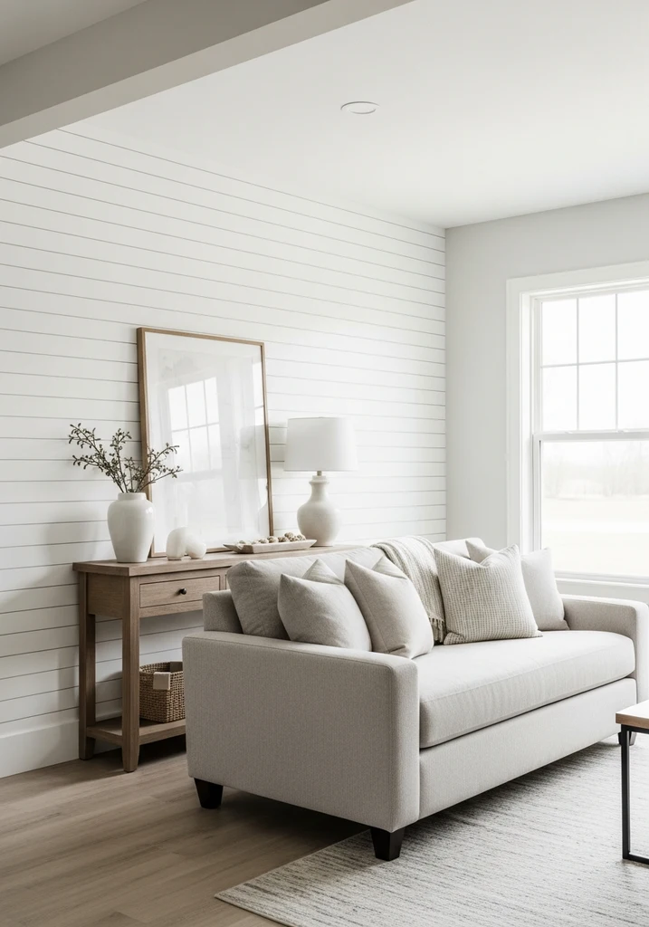 White shiplap accent wall in a farmhouse modern living room