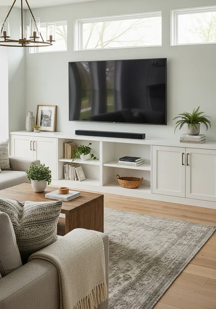 Sleek white wooden entertainment center in a farmhouse modern living room