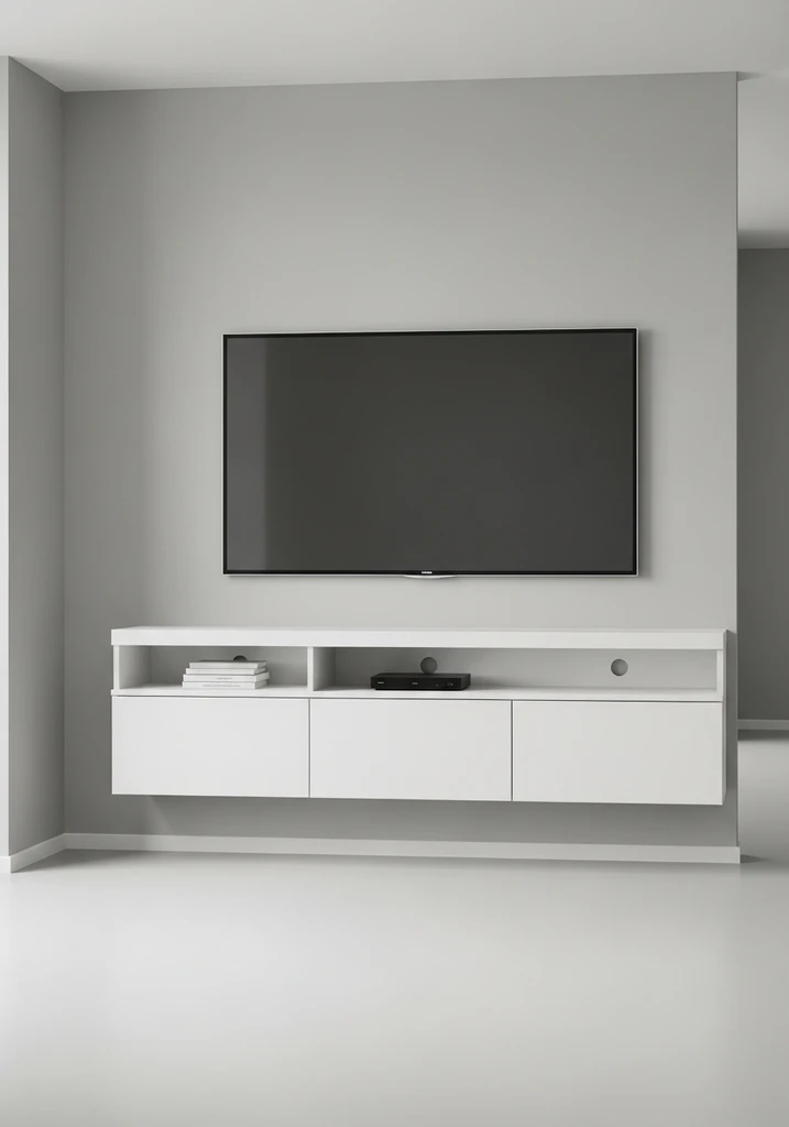 Slim white wall mounted entertainment center with TV on gray wall