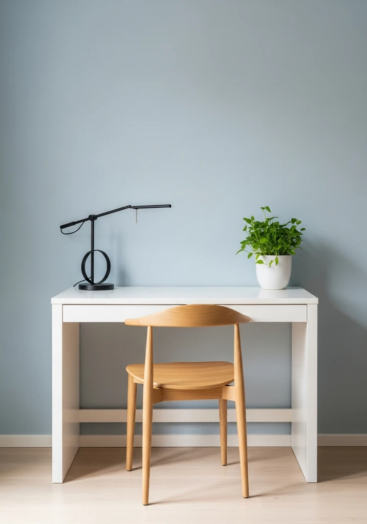 Small white writing desk with chair and lamp on a blue wall