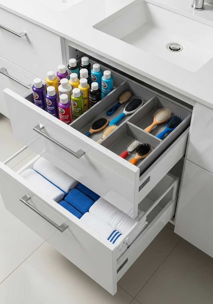 Modern vanity with organized pull out drawers for dog supplies