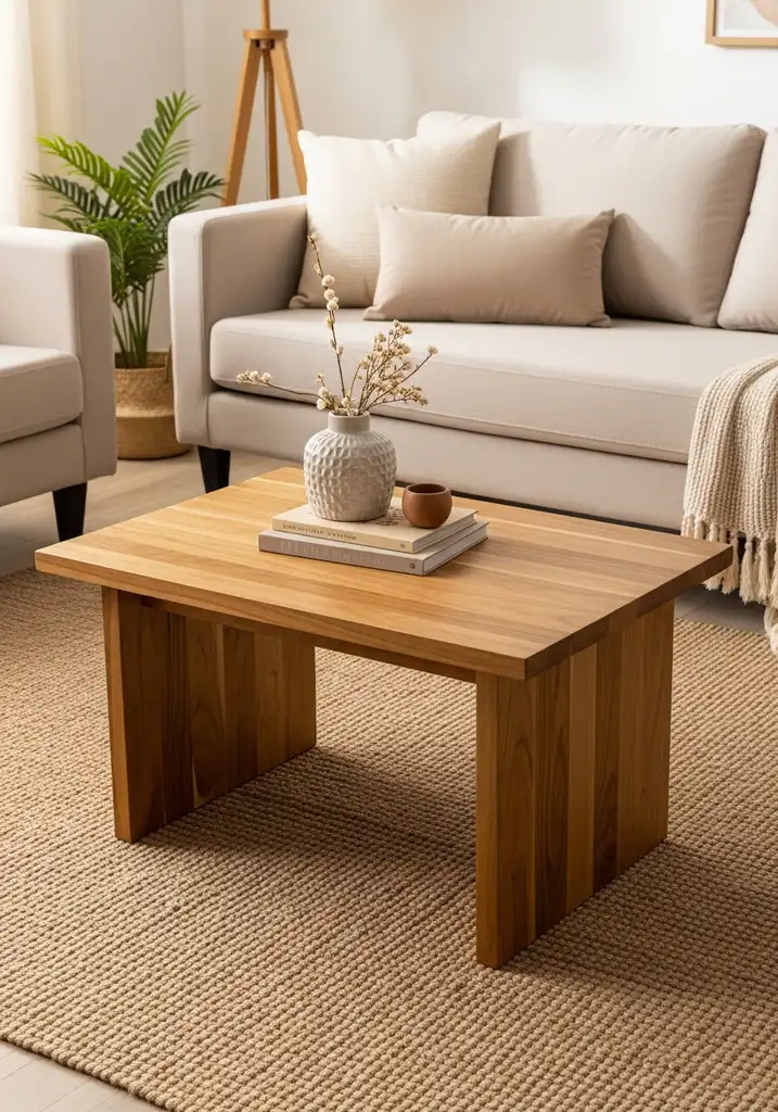 Solid natural wood coffee table in earth tone living room