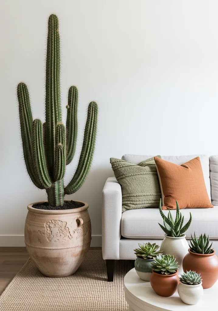 Large cactus in terracotta planter and succulents in ceramic pots