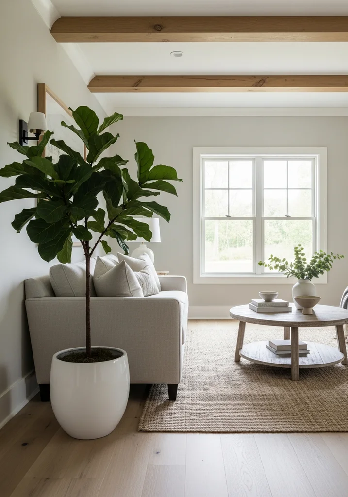 Large fiddle leaf fig plant in a white planter in a living room