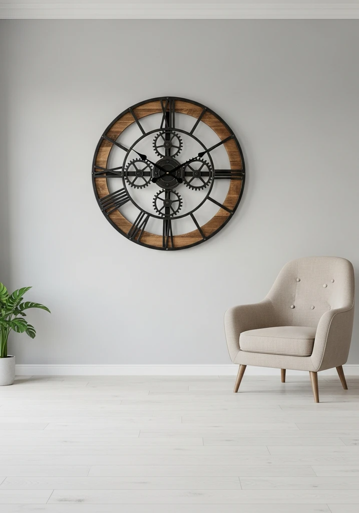 Oversized industrial wall clock with gears on a gray wall