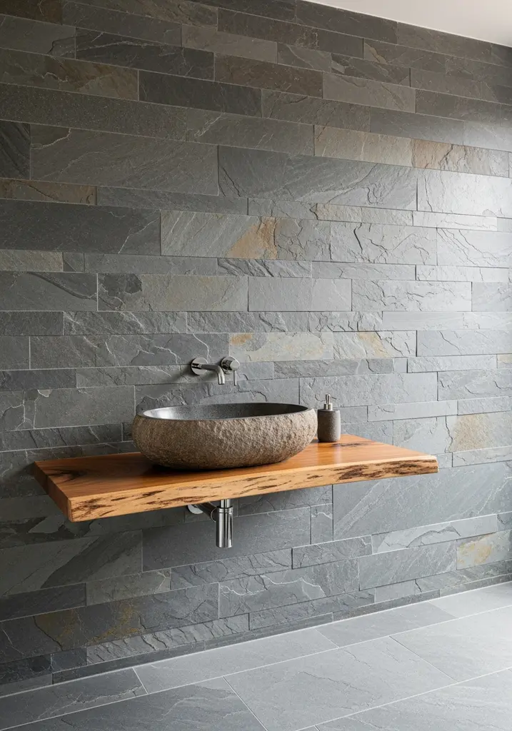 Bathroom with river stone sink on wood counter and slate wall