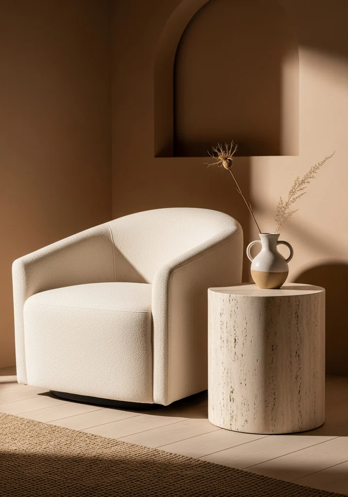 Round travertine stone side table next to a cream chair