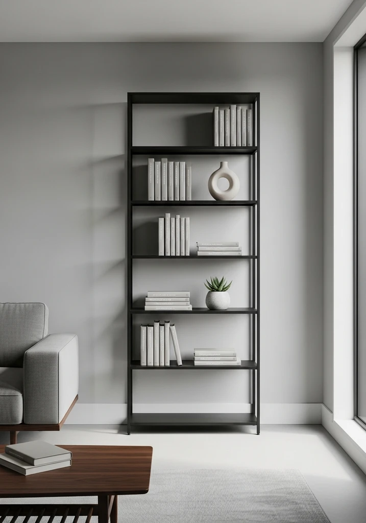 Tall black metal minimalist bookshelf with books