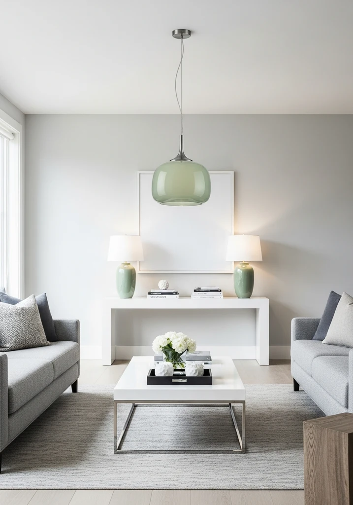 Green lighting fixtures in a white living room