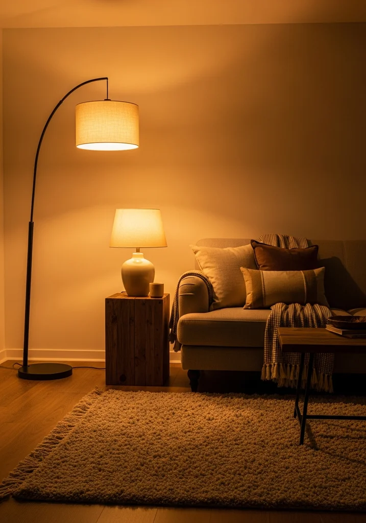 Living room with warm ambient lighting from floor and table lamps
