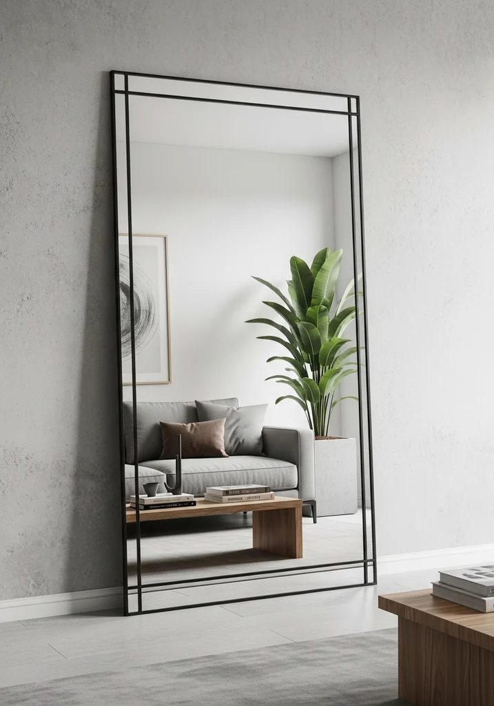 Large rectangular mirror with thin black metal frame