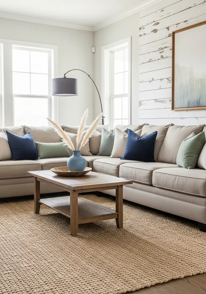 Neutral sofa with navy blue and muted green throw pillows and blue vase