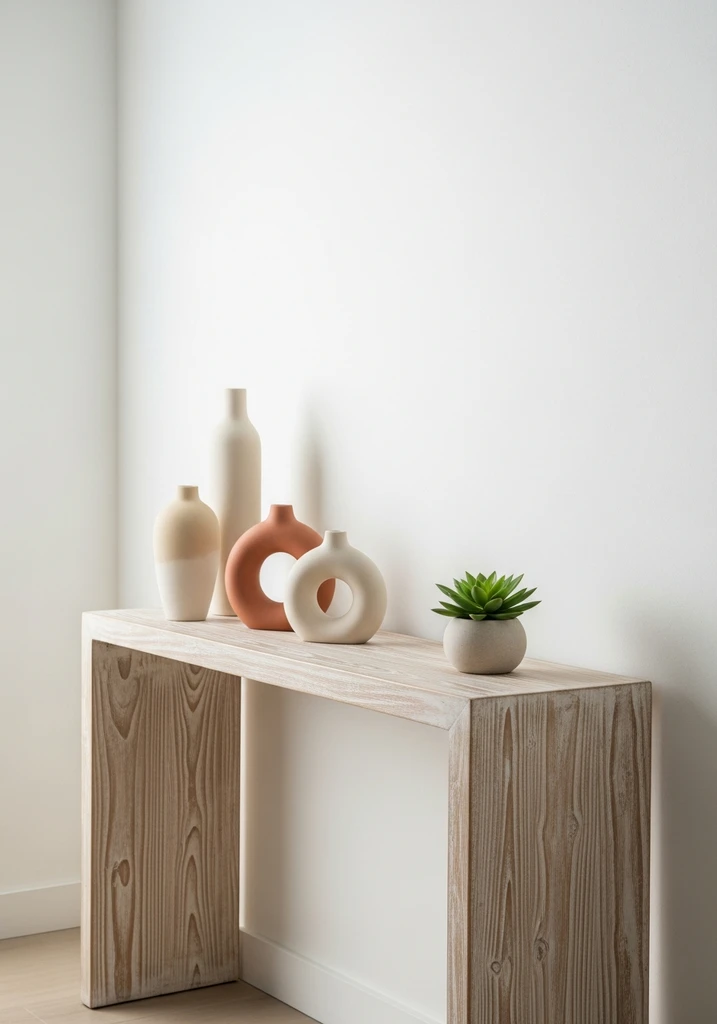 Sun bleached wood console table with minimalist decor