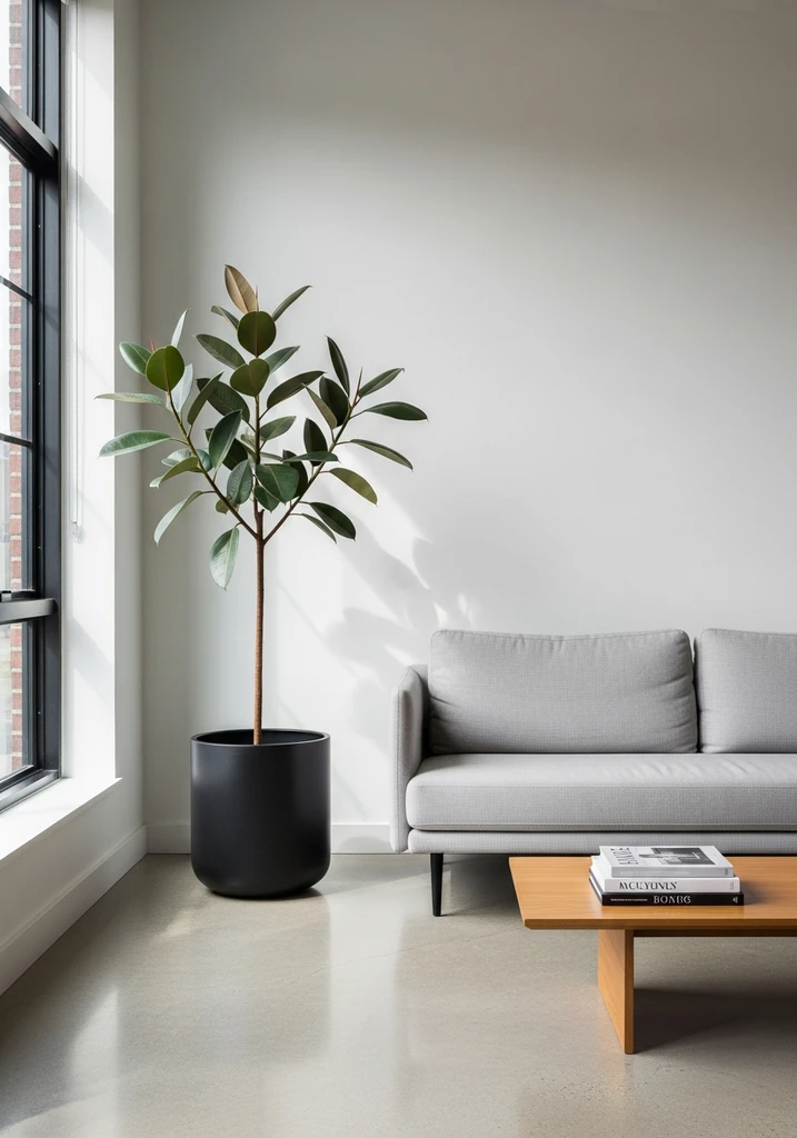 Tall Rubber Plant in a black cylindrical planter near a large window in a modern living room