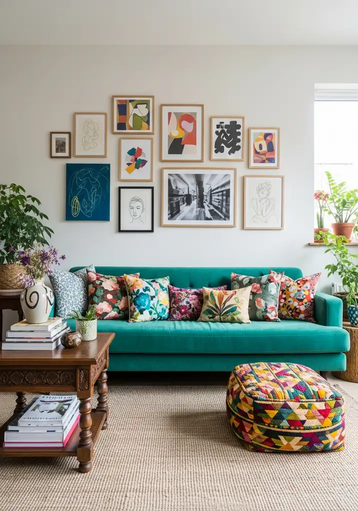 Teal green sofa with eclectic art and colorful pillows in a vibrant living room