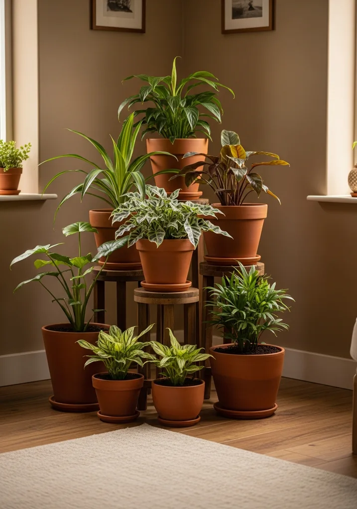 Houseplants in terracotta planters on a stand