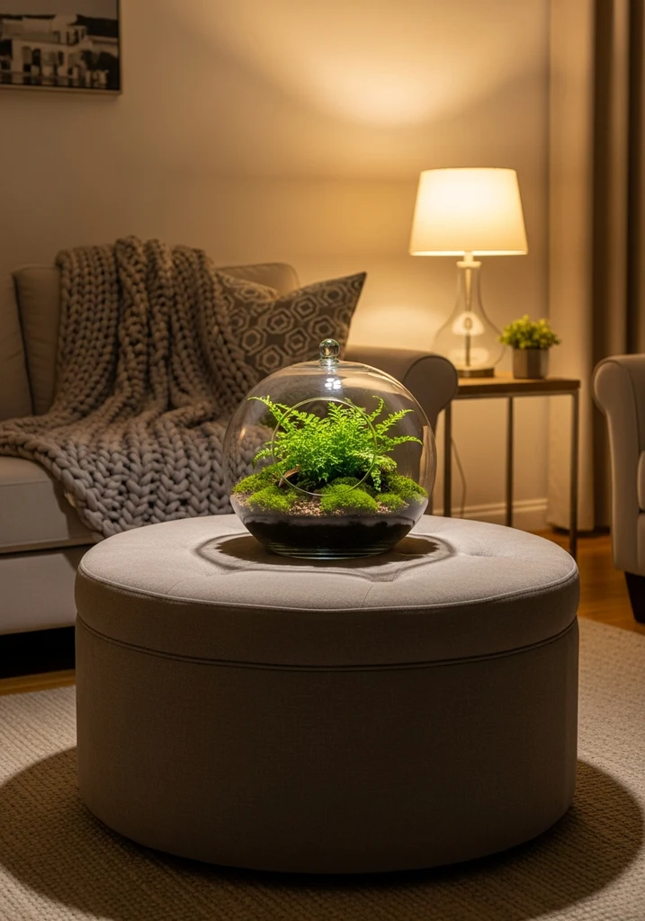 Glass terrarium with ferns and moss on a round upholstered ottoman in a transitional living room