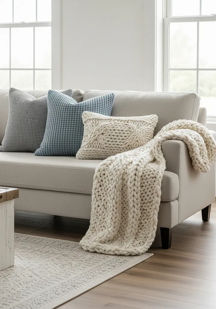 Neutral sofa with textured gray, blue, cream throw pillows and knit blanket