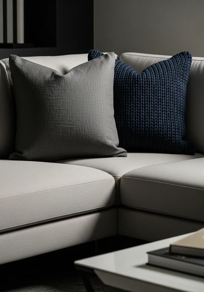 Dark gray linen and navy blue wool throw pillows