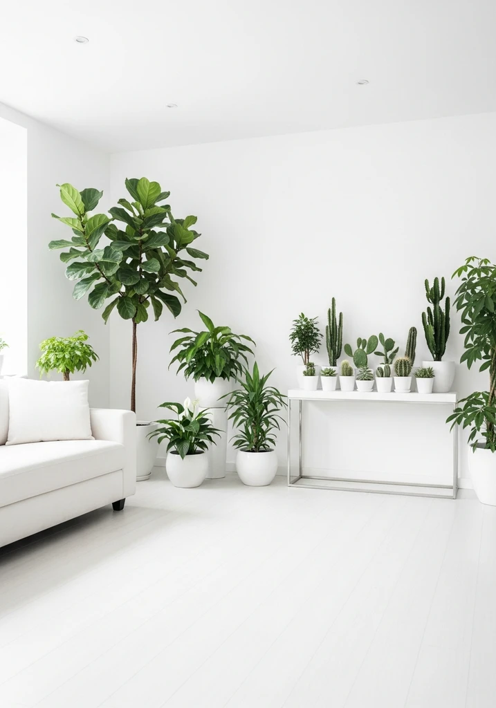White living room with various green plants in white pots