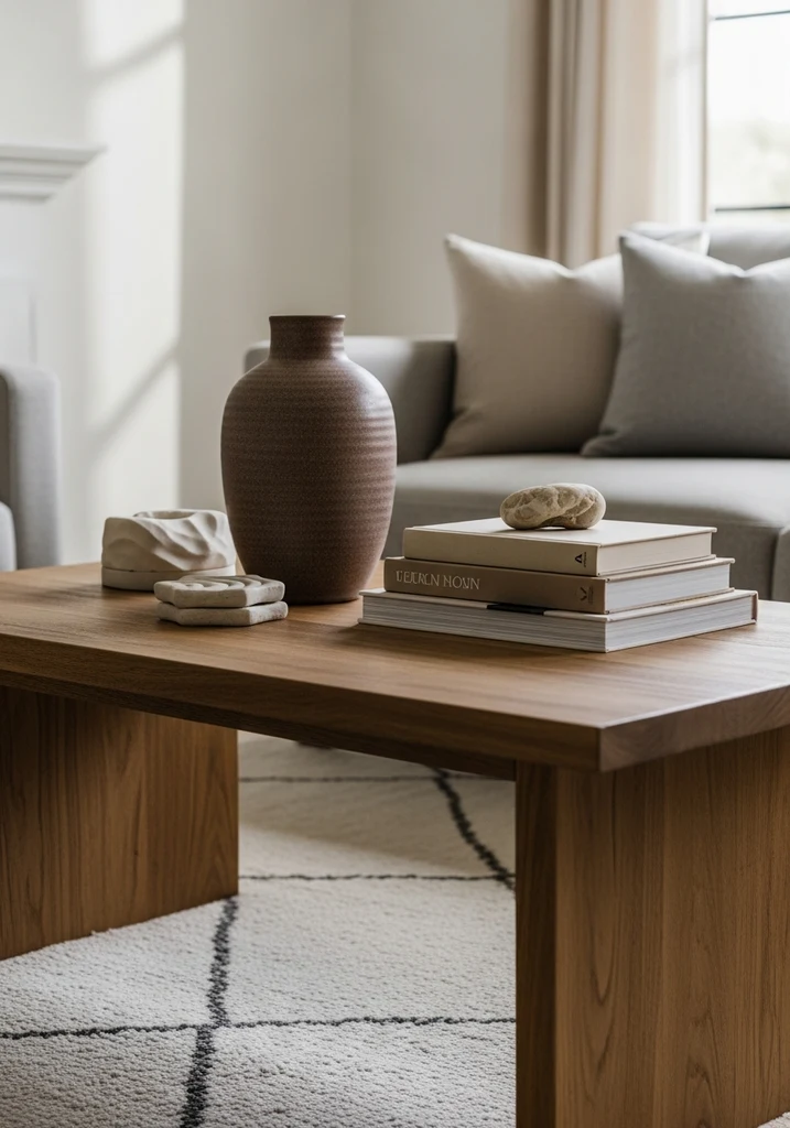 Wooden coffee table with ceramic vase and stack of books as decor