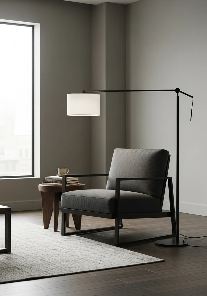 Modern black metal floor lamp with white shade