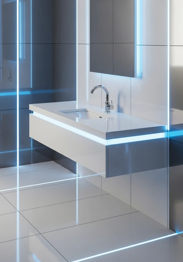 Futuristic bathroom with floating white vanity and chrome faucet
