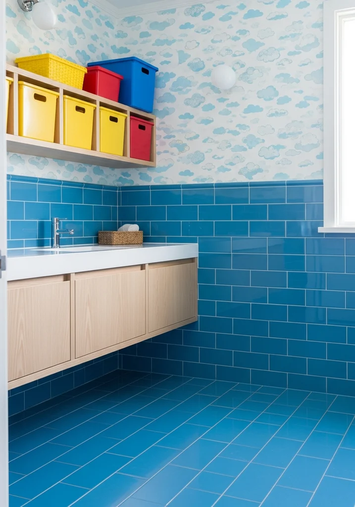Playful bathroom with wood vanity and cloud wallpaper