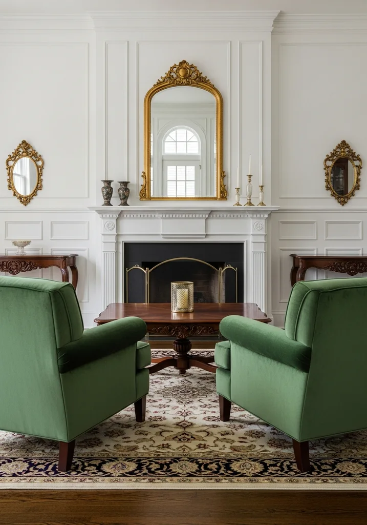 Traditional living room with emerald green armchairs and white wainscoting
