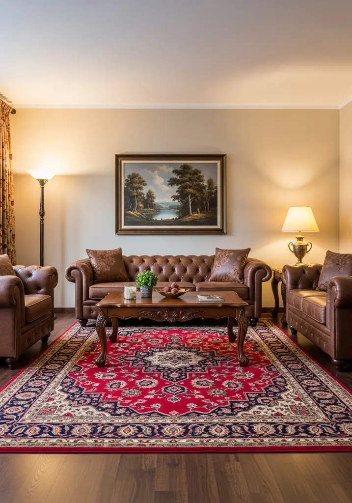 Traditional living room with red Persian rug, brown leather sofa, and dark wood coffee table.