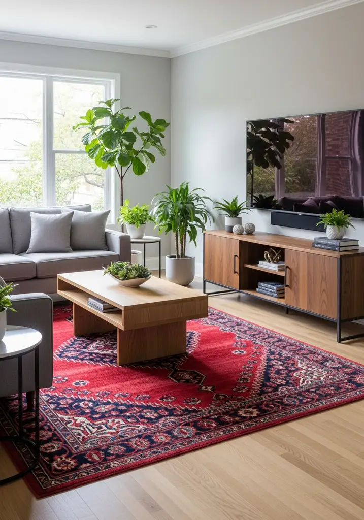 Transitional living room with red Persian rug, gray sofa, and minimalist coffee table.