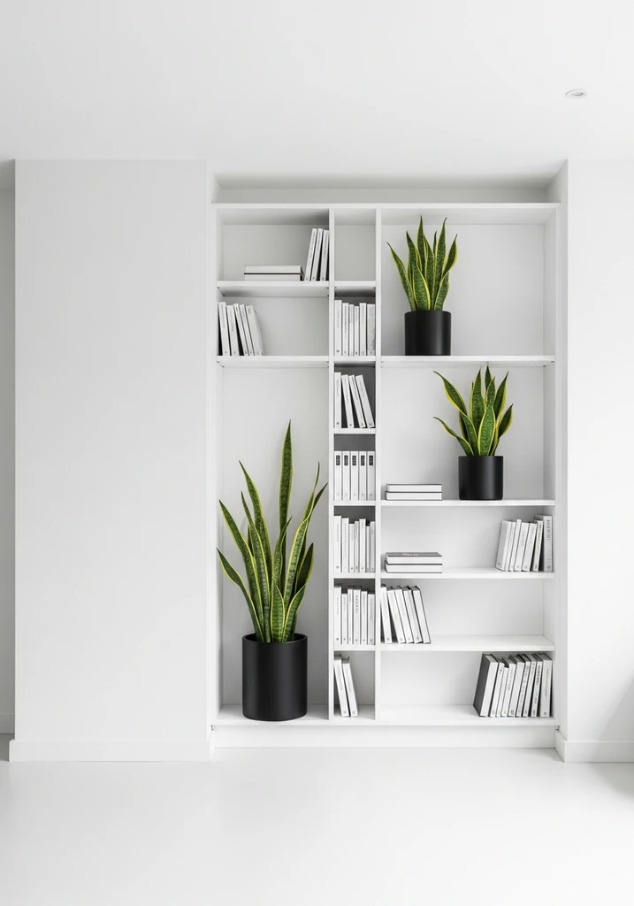 Three Sansevieria Cylindrica plants in black pots on a white minimalist bookshelf
