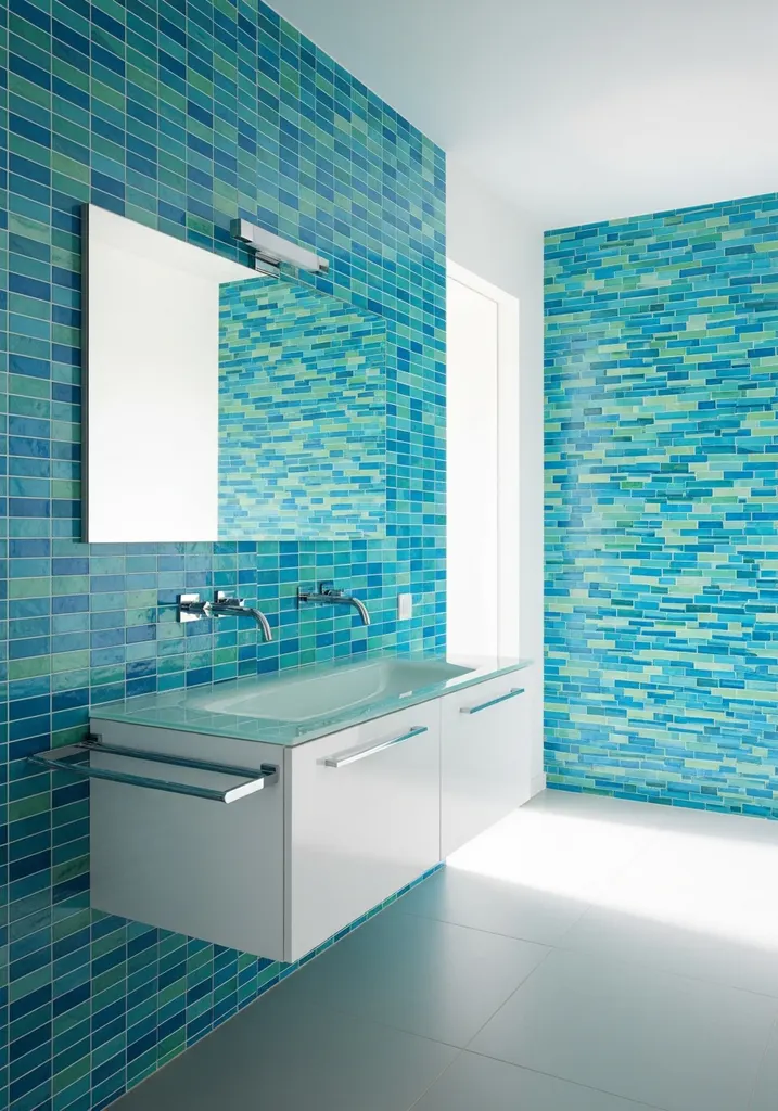 Coastal bathroom with blue and green tiles and a white glass vanity