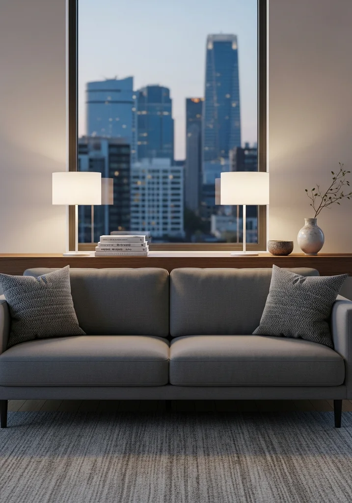 Console table behind sofa in contemporary living room