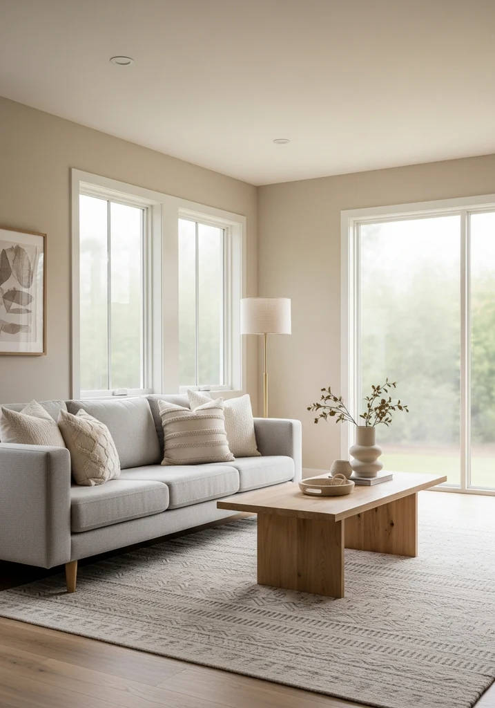 Neutral living room with big windows and light gray sofa