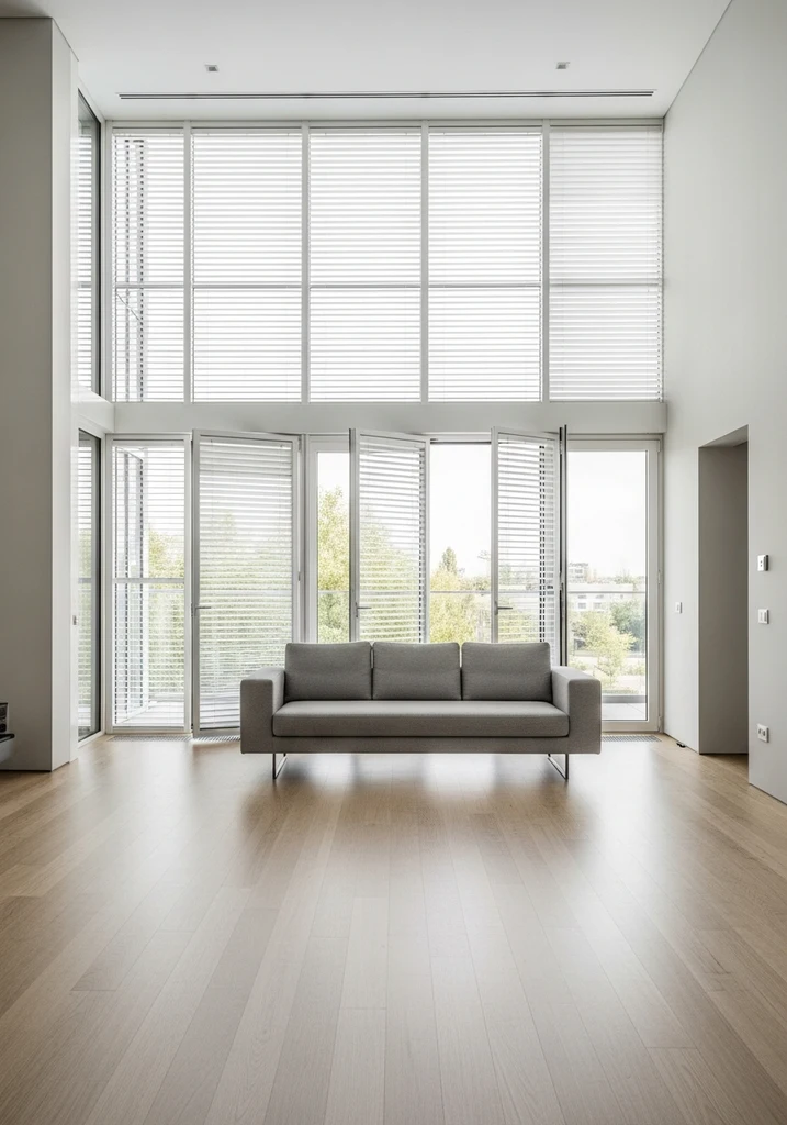 Modern living room with white vertical blinds on large windows