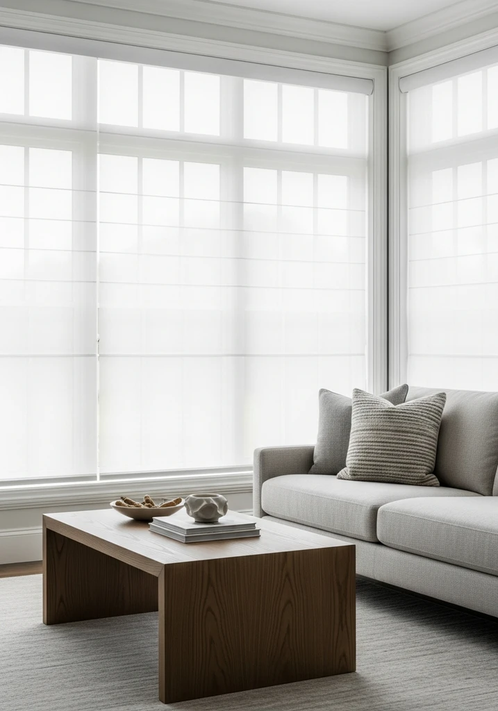Transitional living room with sheer white Roman shades