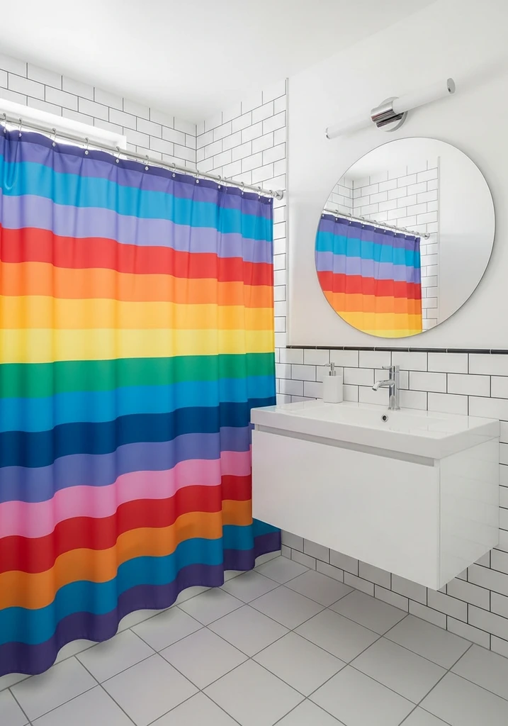 Modern bathroom with rainbow striped shower curtain and white vanity