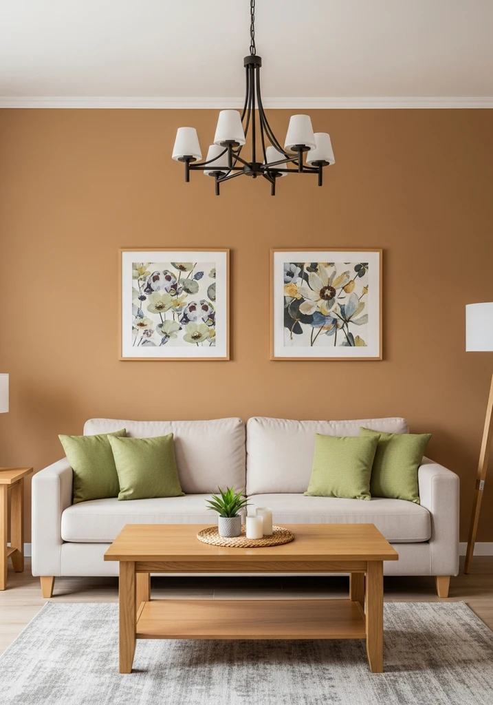 Living room featuring warm earth tone walls and beige sofa with green accents