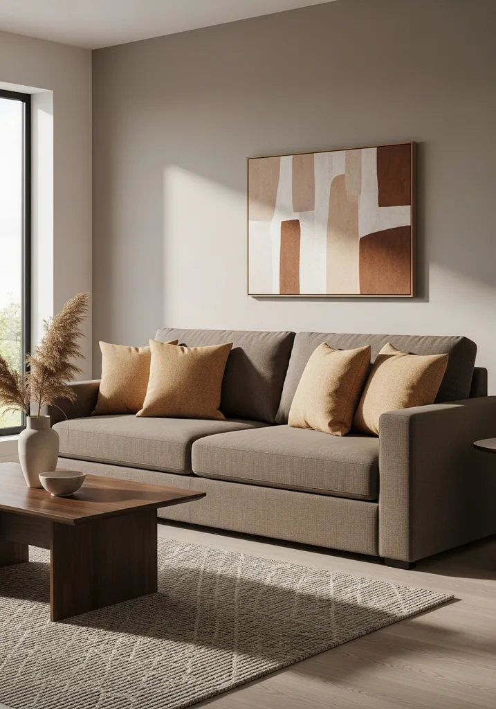 Modern living room with a large warm gray fabric sofa