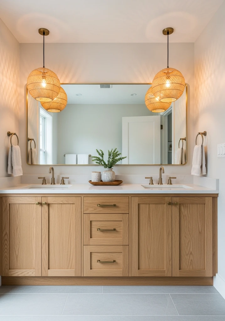 Bathroom with woven pendant lights over wooden vanity