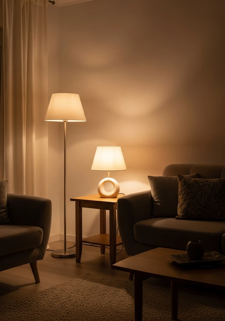 Living room at dusk with warm white lighting from lamps